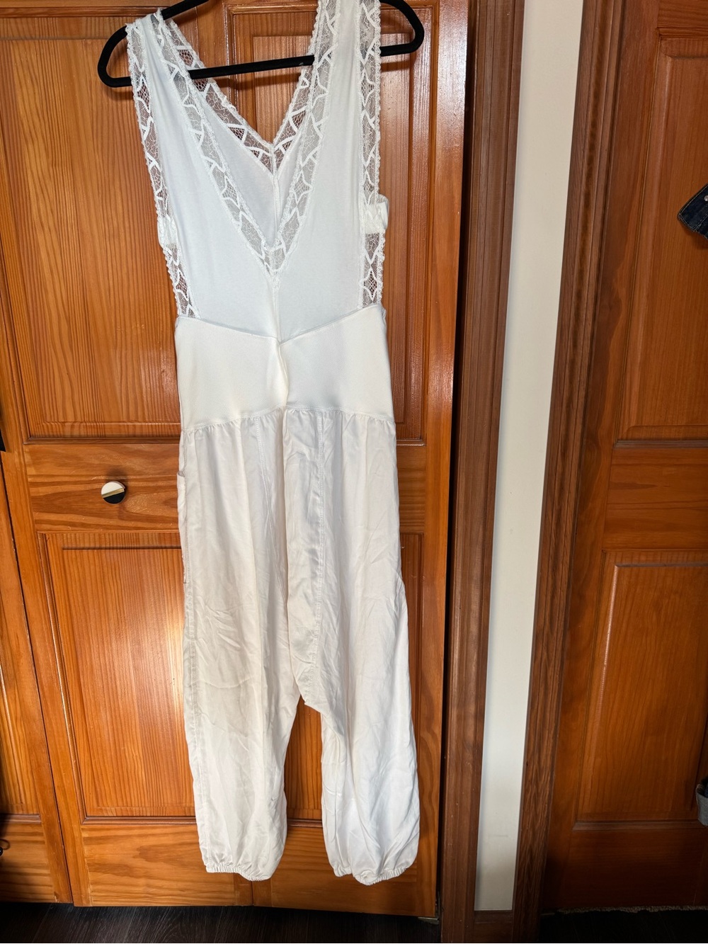 FP Movement by Free People White Lace-Trimmed V-Neck Jumpsuit